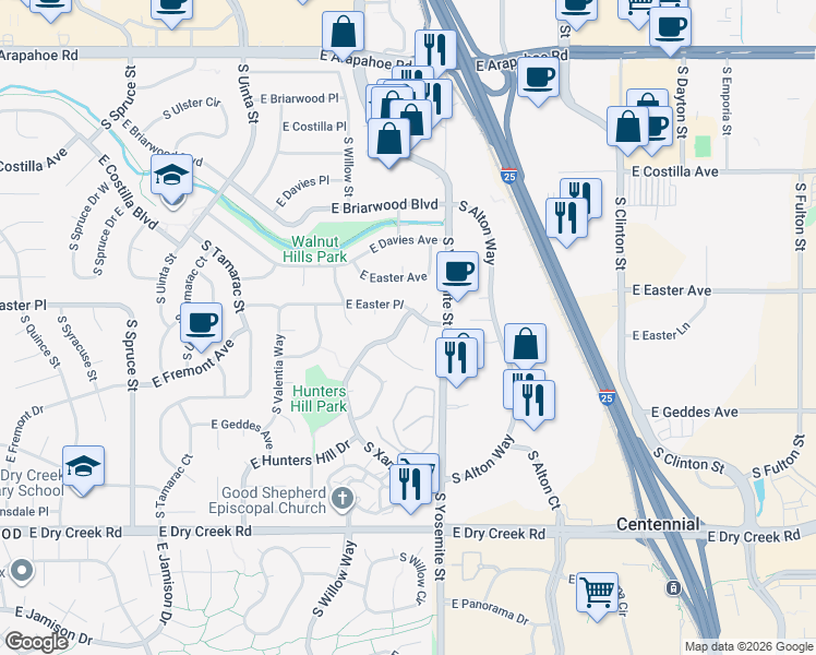 map of restaurants, bars, coffee shops, grocery stores, and more near 7163 South Xanthia Street in Centennial