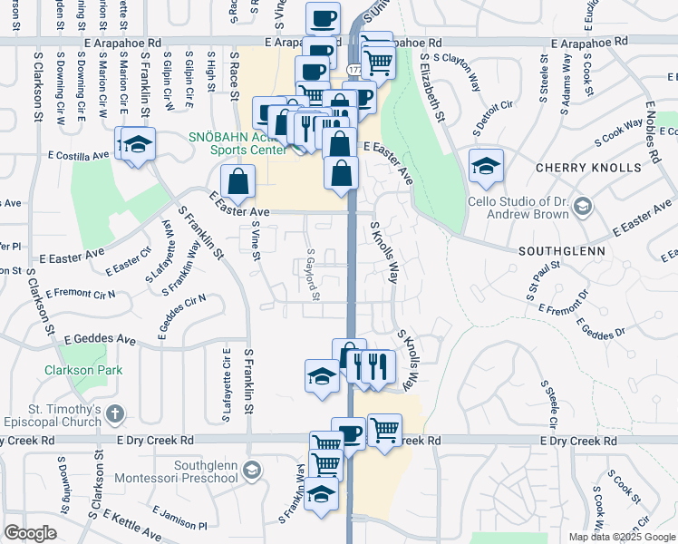 map of restaurants, bars, coffee shops, grocery stores, and more near 2390 East Fremont Avenue in Centennial
