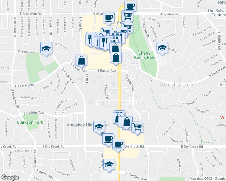 map of restaurants, bars, coffee shops, grocery stores, and more near 2390 East Fremont Avenue in Centennial