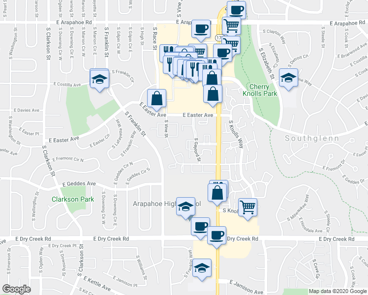 map of restaurants, bars, coffee shops, grocery stores, and more near 7224 South Vine Court in Centennial