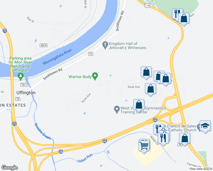 map of restaurants, bars, coffee shops, grocery stores, and more near 301 Scott Avenue in Morgantown