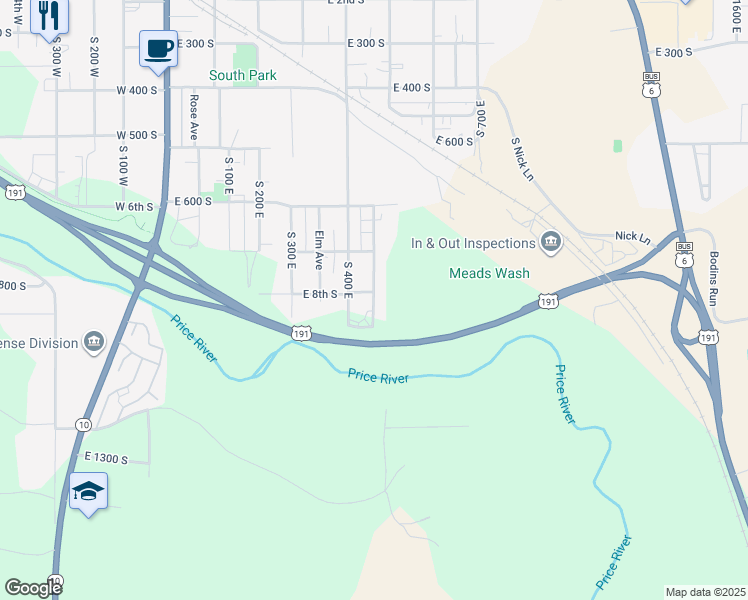 map of restaurants, bars, coffee shops, grocery stores, and more near 820 South 500 East in Price