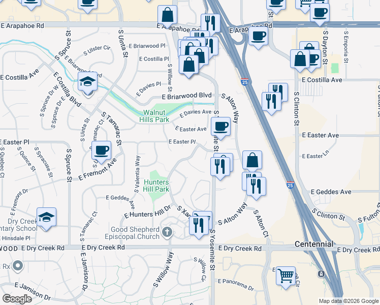 map of restaurants, bars, coffee shops, grocery stores, and more near 7163 South Xanthia Street in Centennial
