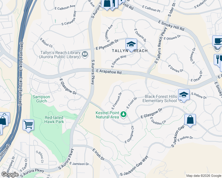 map of restaurants, bars, coffee shops, grocery stores, and more near 24358 East Roxbury Circle in Aurora