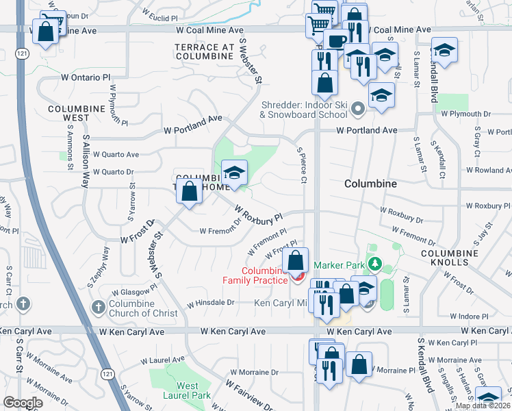 map of restaurants, bars, coffee shops, grocery stores, and more near 7109 South Reed Court in Littleton