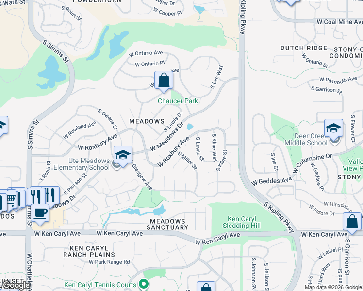 map of restaurants, bars, coffee shops, grocery stores, and more near 7171 South Lewis Way in Littleton