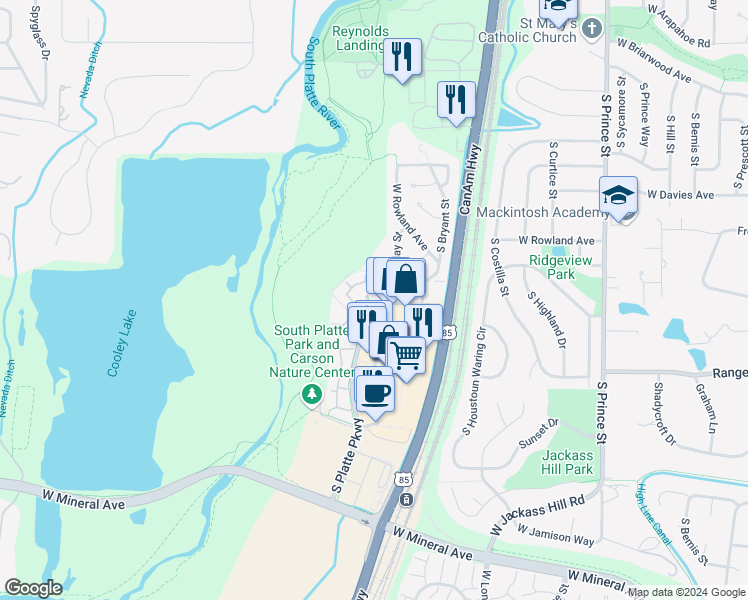 map of restaurants, bars, coffee shops, grocery stores, and more near 7317 South Platte River Parkway in Littleton
