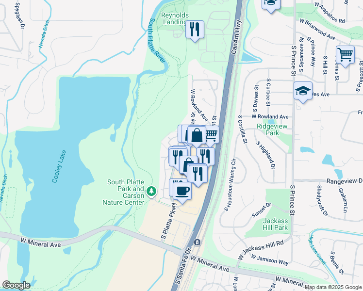 map of restaurants, bars, coffee shops, grocery stores, and more near 7317 South Platte River Parkway in Littleton