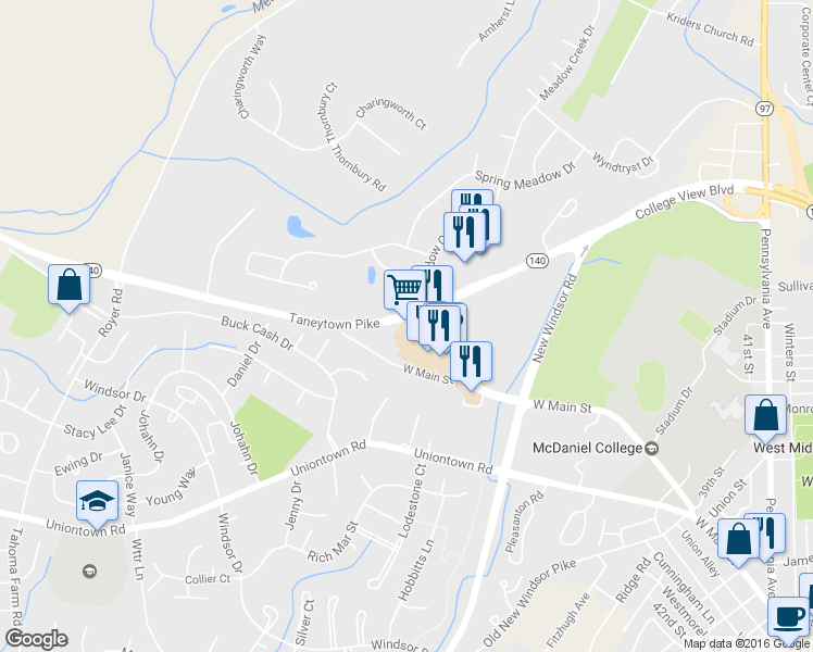 map of restaurants, bars, coffee shops, grocery stores, and more near 444 Western Maryland College Drive in Westminster