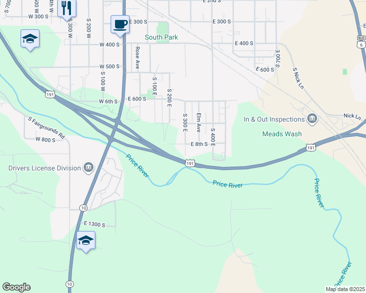 map of restaurants, bars, coffee shops, grocery stores, and more near 806 South 300 East in Price