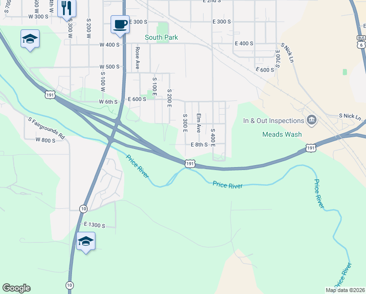 map of restaurants, bars, coffee shops, grocery stores, and more near 806 South 300 East in Price