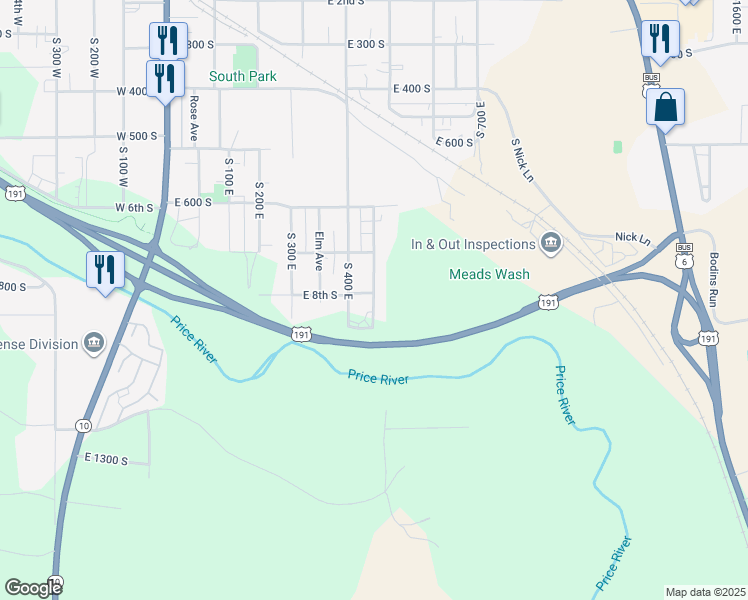 map of restaurants, bars, coffee shops, grocery stores, and more near 820 South 500 East in Price