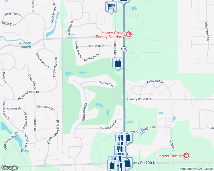 map of restaurants, bars, coffee shops, grocery stores, and more near 3077 Golfview Drive in Greenwood
