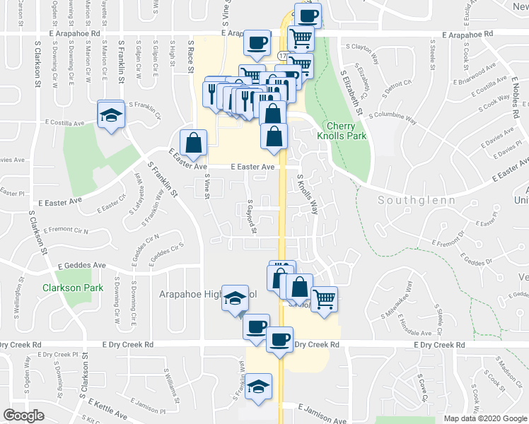map of restaurants, bars, coffee shops, grocery stores, and more near 2390 East Fremont Avenue in Centennial