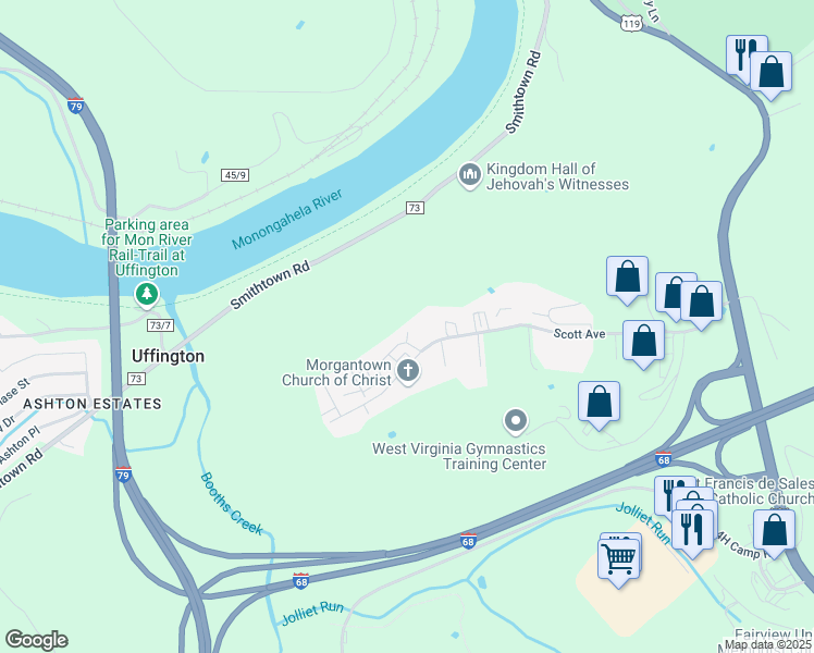 map of restaurants, bars, coffee shops, grocery stores, and more near 1404 Brunswick Court in Morgantown