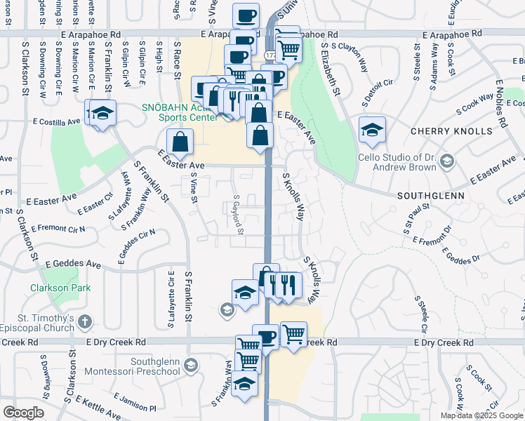 map of restaurants, bars, coffee shops, grocery stores, and more near 2380 East Fremont Avenue in Centennial