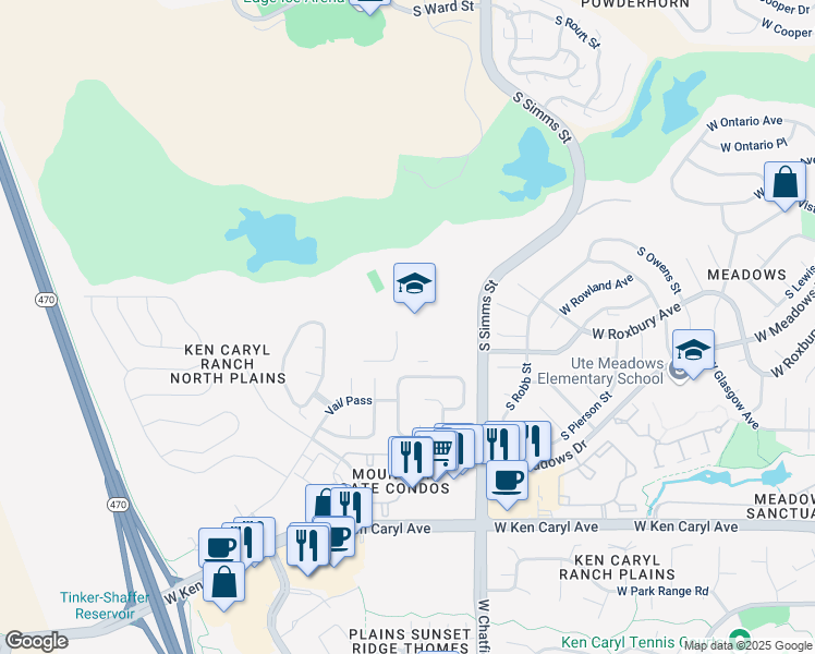 map of restaurants, bars, coffee shops, grocery stores, and more near 7227 South Simms Street in Littleton