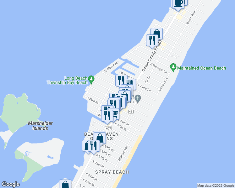 map of restaurants, bars, coffee shops, grocery stores, and more near 27 West New Jersey Avenue in Beach Haven