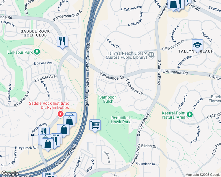map of restaurants, bars, coffee shops, grocery stores, and more near 23565 East Roxbury Drive in Aurora