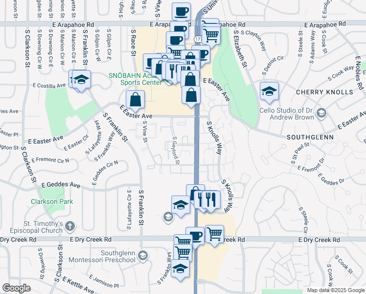 map of restaurants, bars, coffee shops, grocery stores, and more near 2390 East Fremont Avenue in Centennial