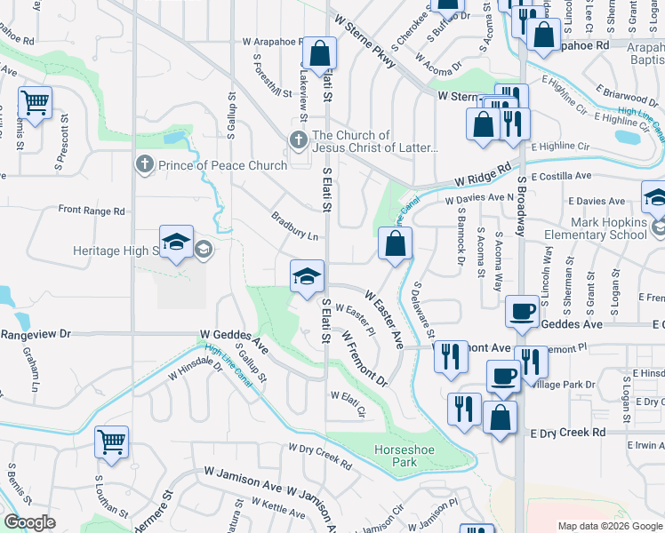 map of restaurants, bars, coffee shops, grocery stores, and more near 707 West Easter Avenue in Littleton