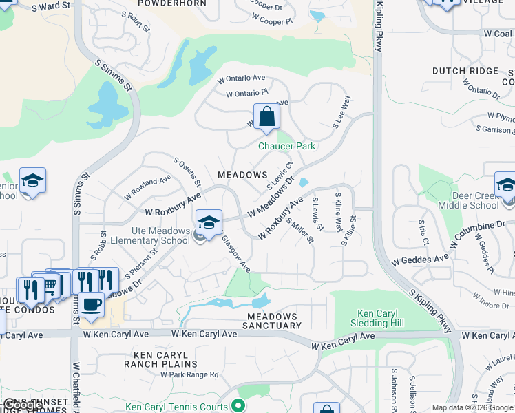 map of restaurants, bars, coffee shops, grocery stores, and more near 7120 South Moore Court in Littleton