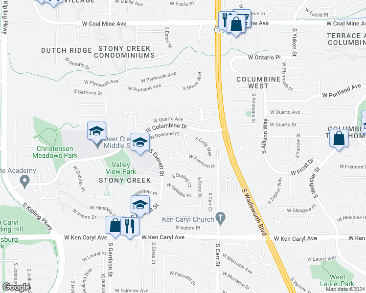map of restaurants, bars, coffee shops, grocery stores, and more near South Dover Court in Littleton