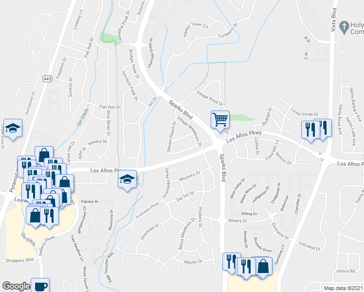 map of restaurants, bars, coffee shops, grocery stores, and more near 5342 Desert Peach Drive in Sparks