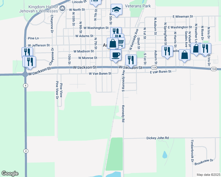 map of restaurants, bars, coffee shops, grocery stores, and more near 400 West Harrison Street in Auburn