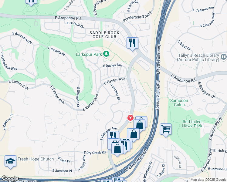 map of restaurants, bars, coffee shops, grocery stores, and more near 7155 South Ukraine Street in Aurora