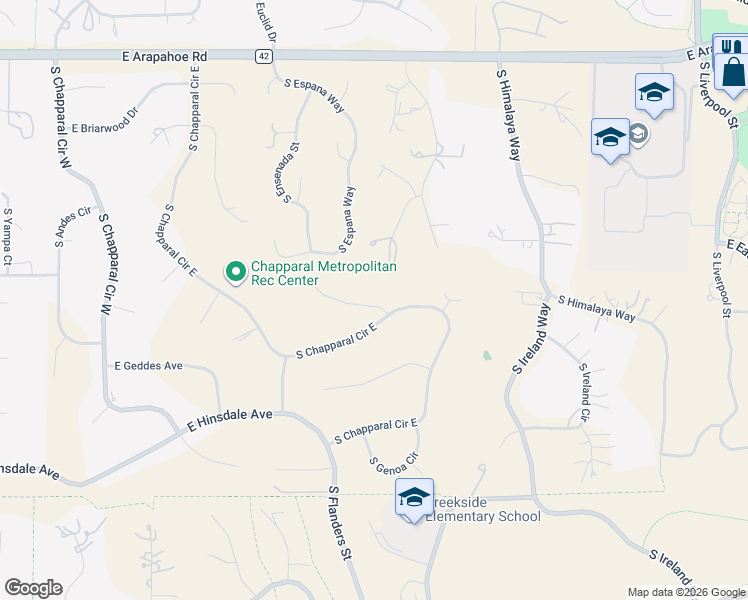 map of restaurants, bars, coffee shops, grocery stores, and more near 7255 South Chapparal Circle East in Centennial
