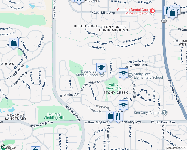 map of restaurants, bars, coffee shops, grocery stores, and more near 9201 West Columbine Drive in Littleton