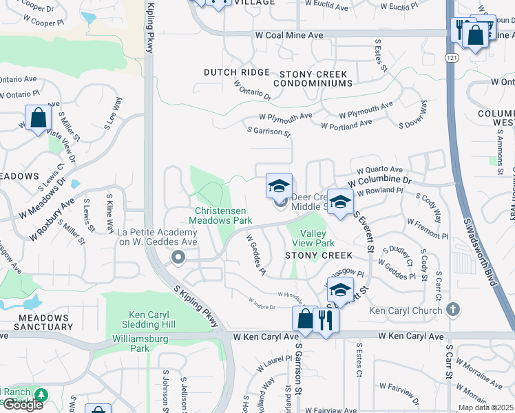 map of restaurants, bars, coffee shops, grocery stores, and more near 9201 West Columbine Drive in Littleton