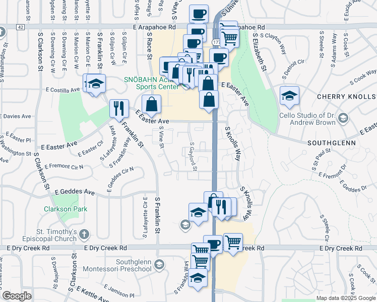 map of restaurants, bars, coffee shops, grocery stores, and more near 7205 South Gaylord Street in Centennial