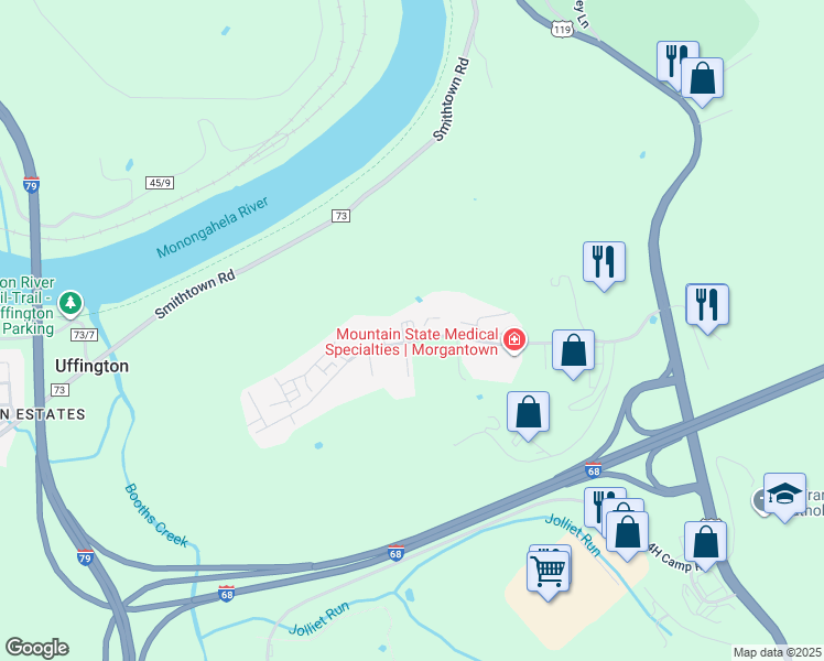 map of restaurants, bars, coffee shops, grocery stores, and more near 240 Scott Avenue in Morgantown