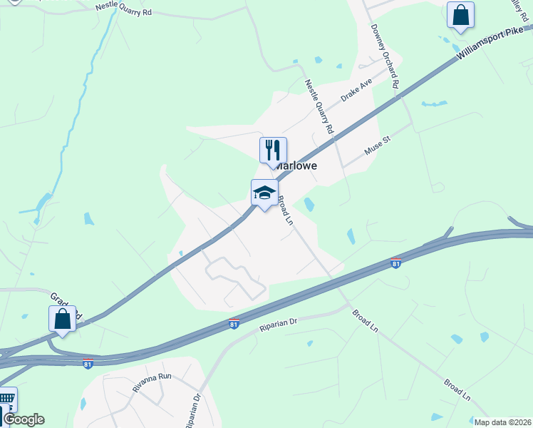 map of restaurants, bars, coffee shops, grocery stores, and more near 9580 Williamsport Pike in Falling Waters