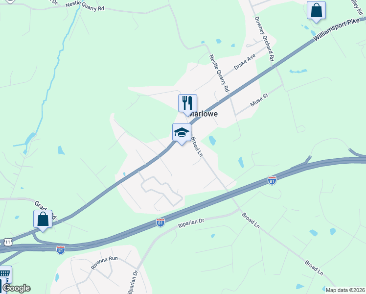 map of restaurants, bars, coffee shops, grocery stores, and more near 9580 Williamsport Pike in Falling Waters