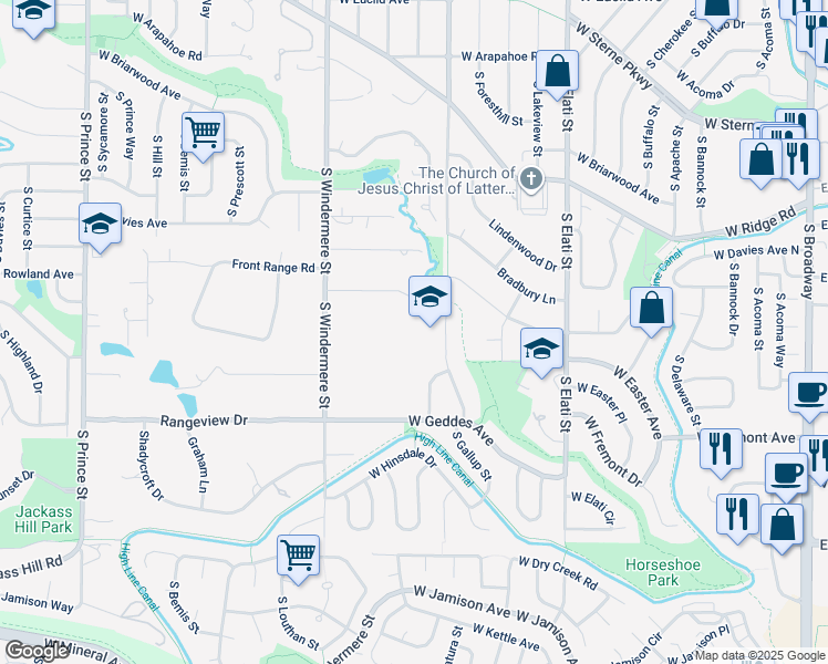 map of restaurants, bars, coffee shops, grocery stores, and more near 1401 West Geddes Avenue in Littleton