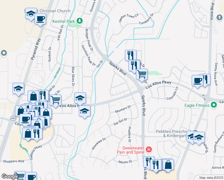 map of restaurants, bars, coffee shops, grocery stores, and more near 5420 Desert Peach Drive in Sparks
