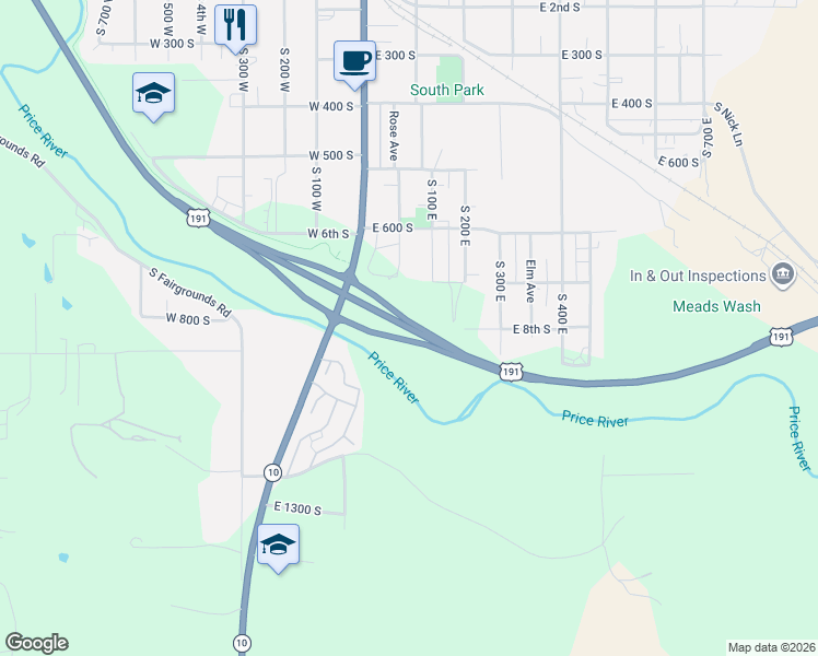 map of restaurants, bars, coffee shops, grocery stores, and more near US Highway 6 in Price