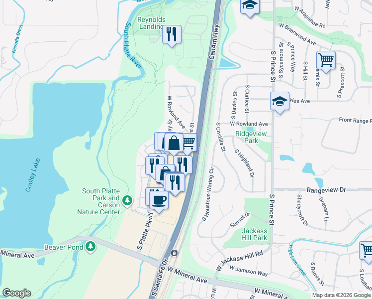map of restaurants, bars, coffee shops, grocery stores, and more near 7301 South Santa Fe Drive in Littleton
