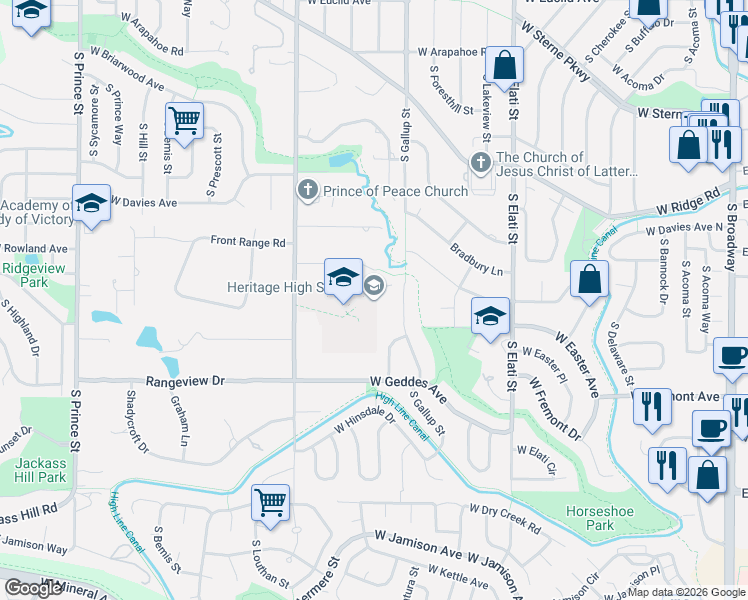 map of restaurants, bars, coffee shops, grocery stores, and more near 1401 West Geddes Avenue in Littleton