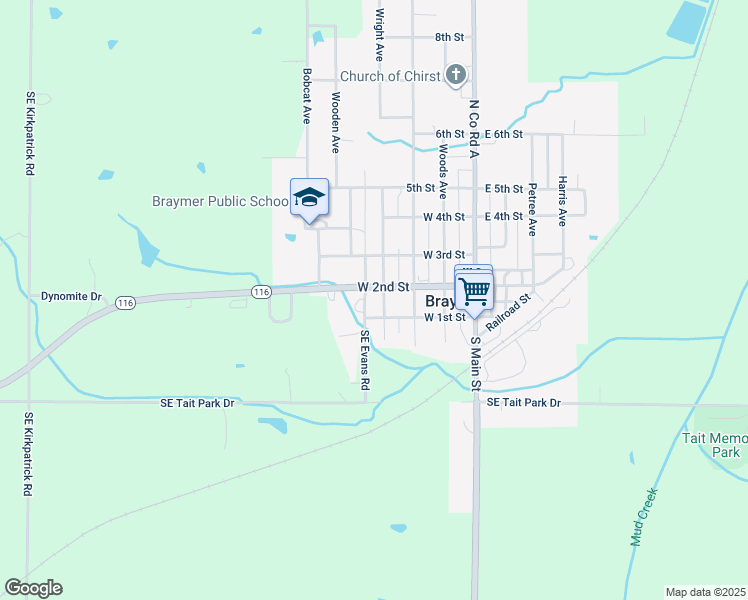 map of restaurants, bars, coffee shops, grocery stores, and more near 401 West 1st Street in Braymer