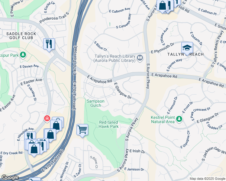 map of restaurants, bars, coffee shops, grocery stores, and more near 7216 East Roxbury Drive in Aurora