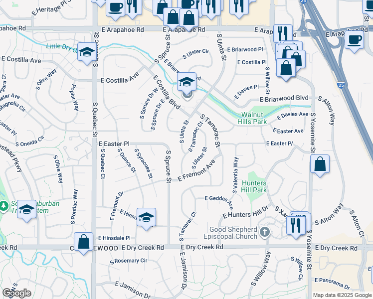map of restaurants, bars, coffee shops, grocery stores, and more near 7170 South Tamarac Court in Centennial