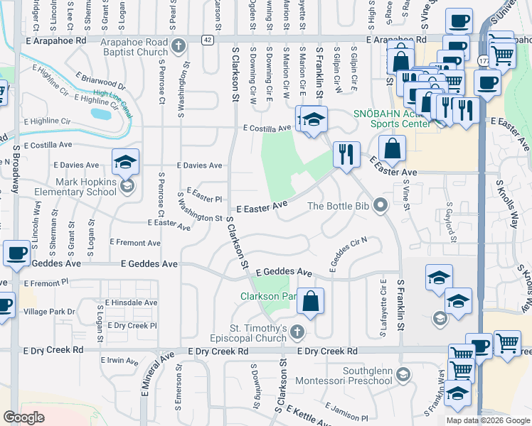 map of restaurants, bars, coffee shops, grocery stores, and more near 1333 East Fremont Circle South in Centennial