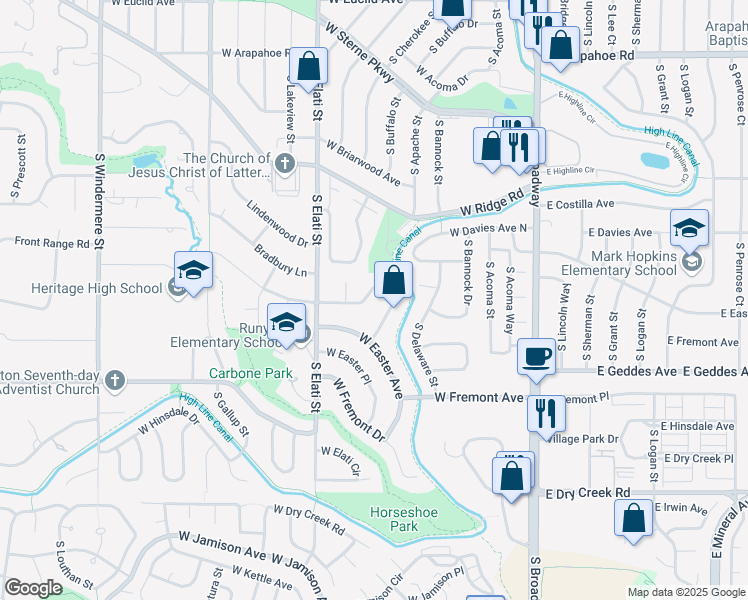map of restaurants, bars, coffee shops, grocery stores, and more near 516 West Davies Way in Littleton
