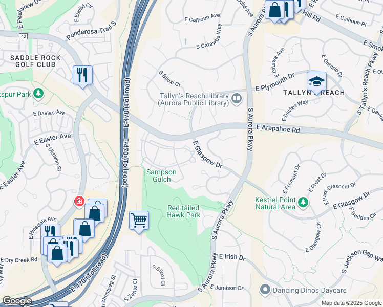 map of restaurants, bars, coffee shops, grocery stores, and more near 23680 East Easter Drive in Aurora