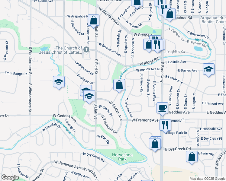 map of restaurants, bars, coffee shops, grocery stores, and more near 516 West Davies Way in Littleton