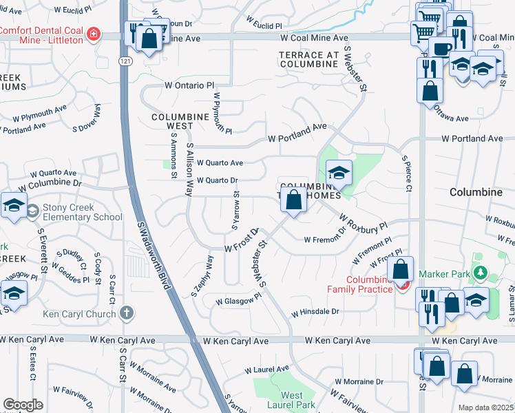 map of restaurants, bars, coffee shops, grocery stores, and more near 7212 South Yukon Street in Littleton